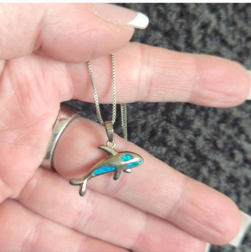 Dolphin Sterling Silver 925 Pendant with Deep Blue Fire Opal Inlay Necklace